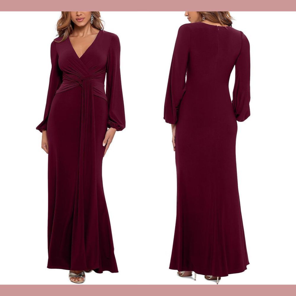 NWD $209 Betsy &‎ Adam [ 4 ] Jersey V-Neck Long Sleeve Evening Gown #Q970